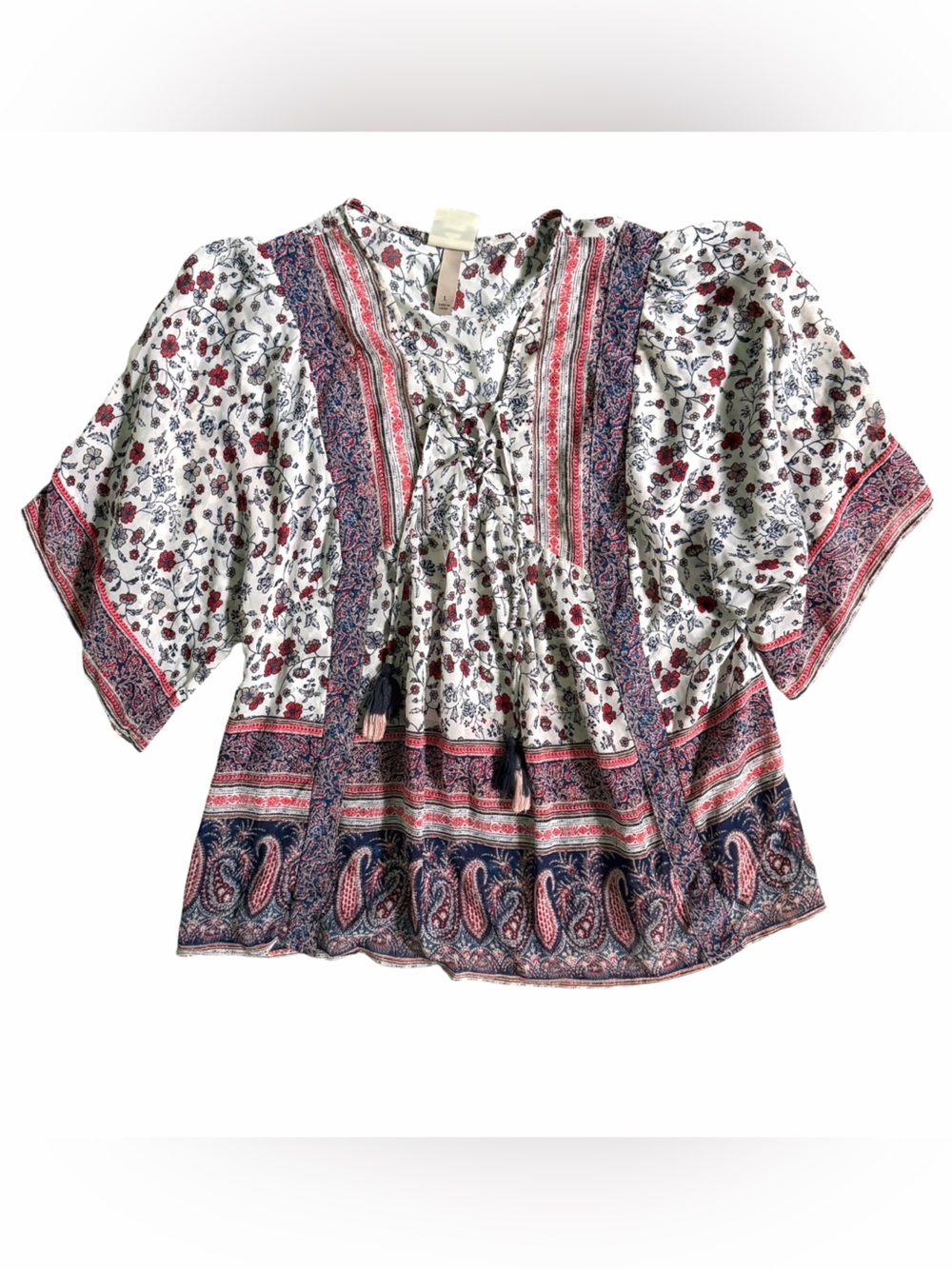 Knox Rose Boho Tie V-Neck Floral Semi-Sheer Peasant Blouse Womens Large Navy/Red